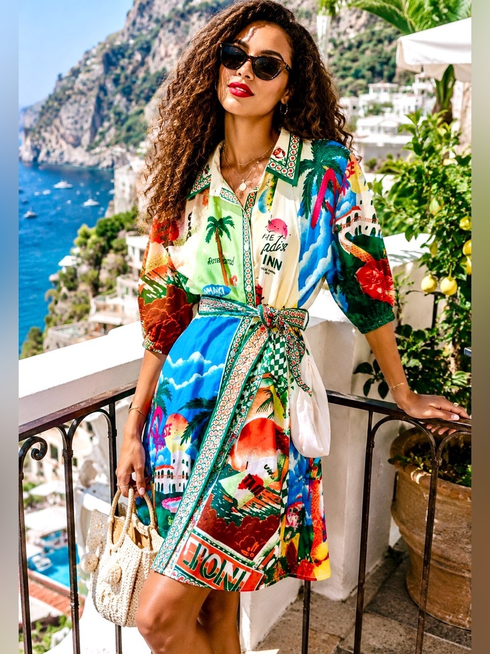 VTG Joie Mont Y2K Colorful Doodle Graphic Shirt Dress Tropical Floral Patchwork